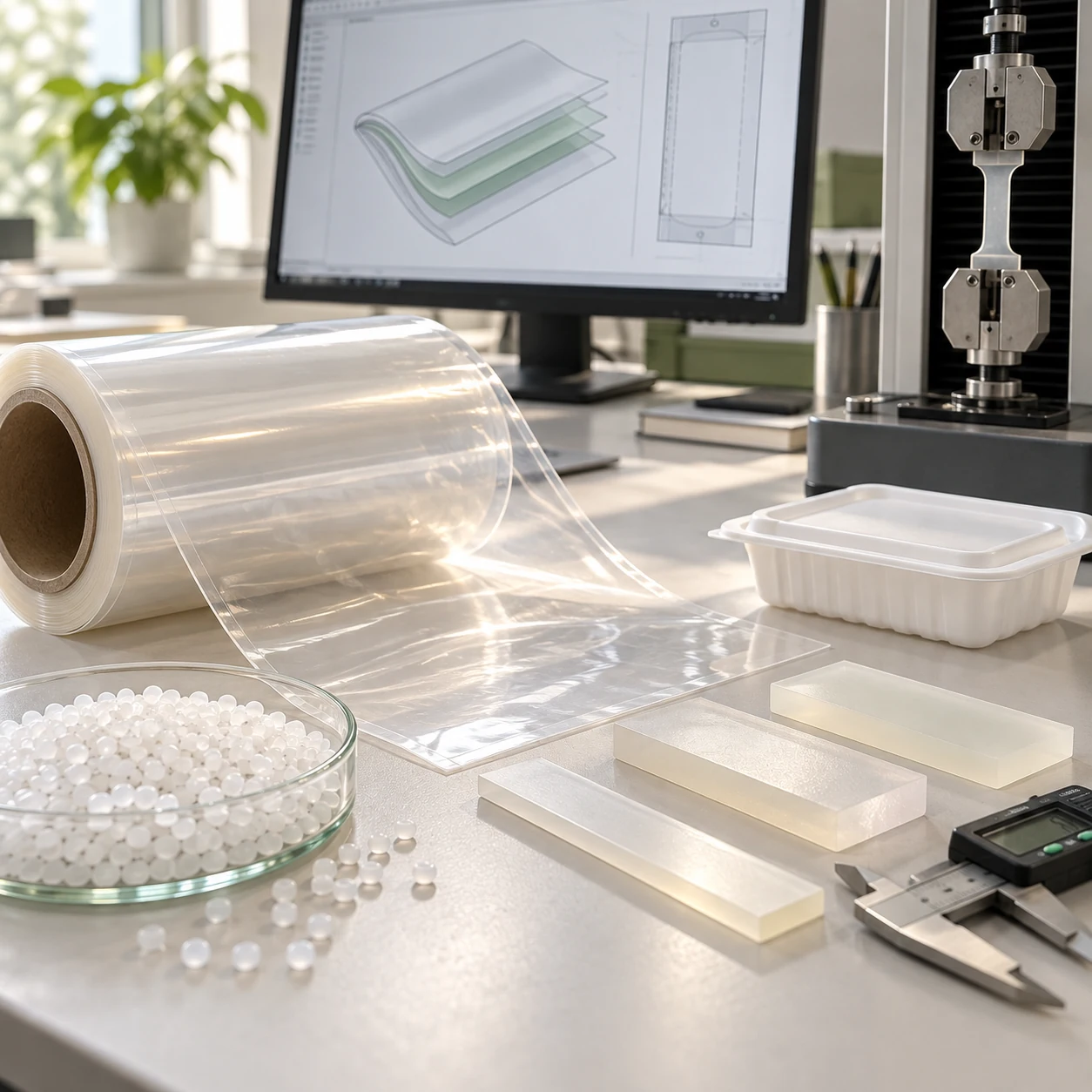 Illustration of polymer samples, material testing equipment and engineering design