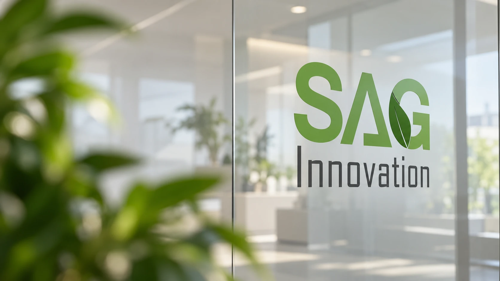 Illustration of the SAG Innovation logo on a glass wall with foreground foliage