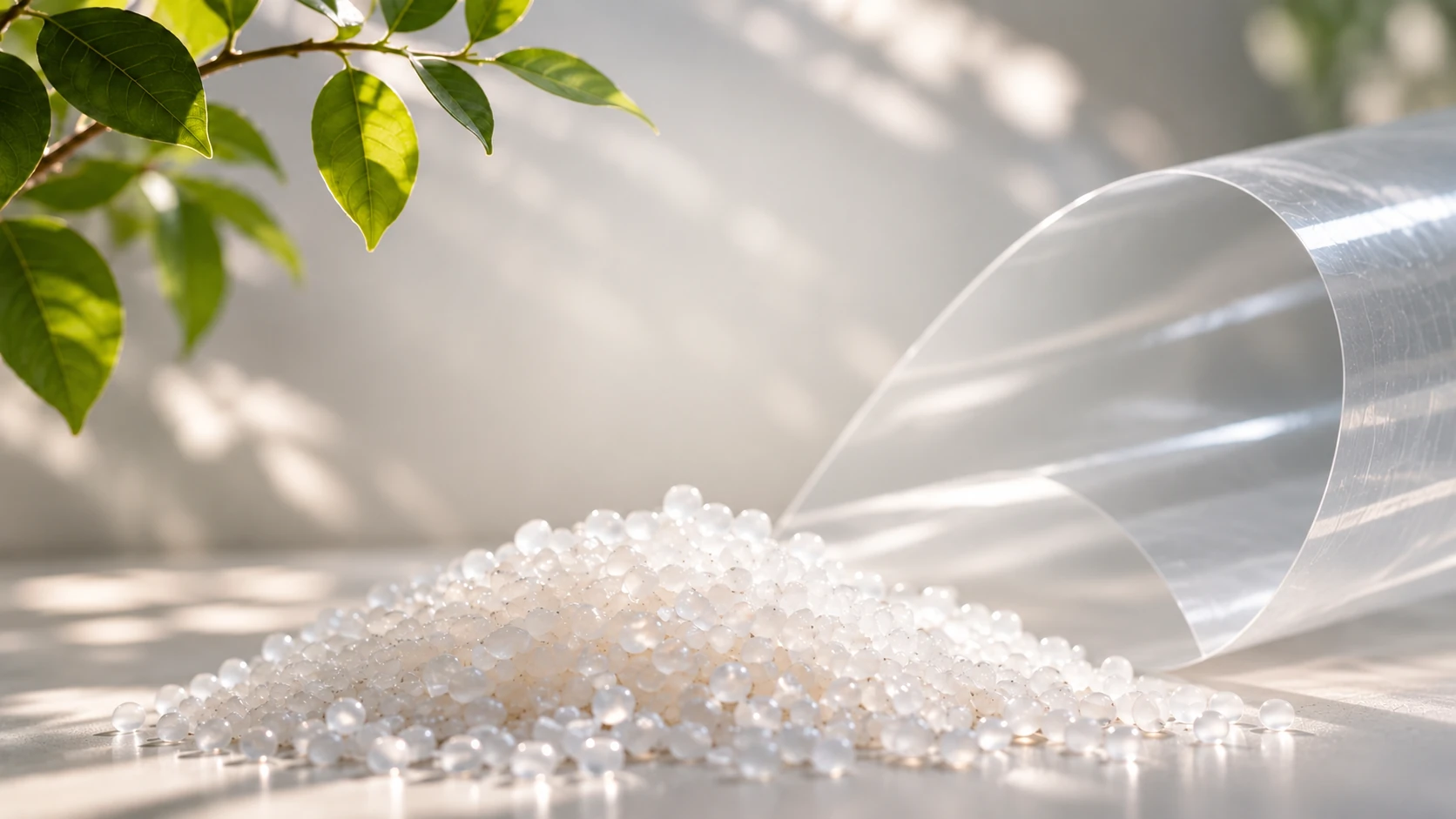 Translucent polymer film, white pellets and natural foliage
