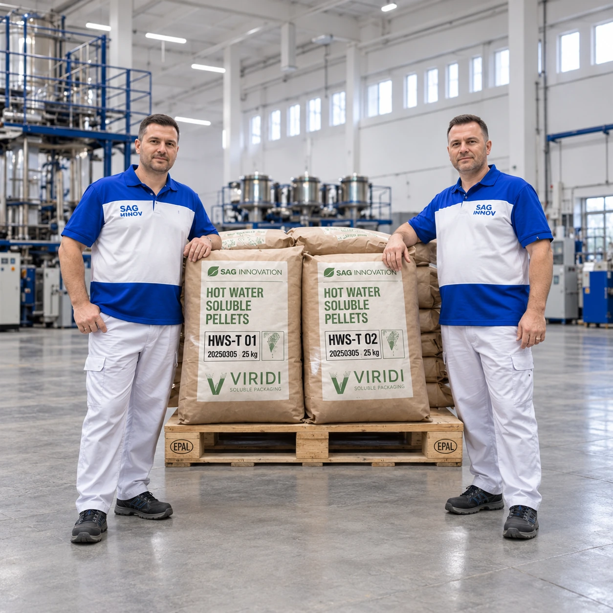 Extended factory photograph showing two production staff from head to shoes with Viridi polymer sacks and a pallet