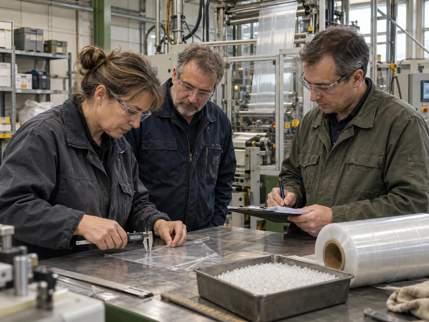 Illustrative scene of technicians checking polymer film in a production workshop